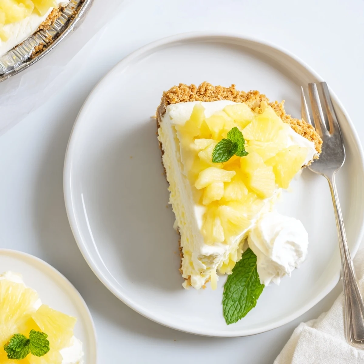Smooth no bake pineapple cheesecake slice served on a plate beside tropical pineapple wedges.
