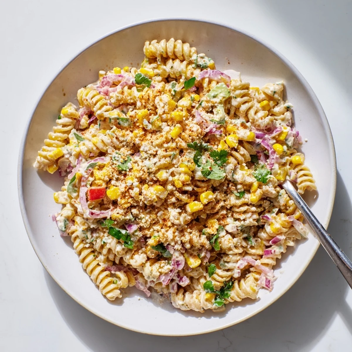 Mexican Street Corn Pasta Salad features creamy dressing, charred corn, and crumbled cotija on a colorful platter.