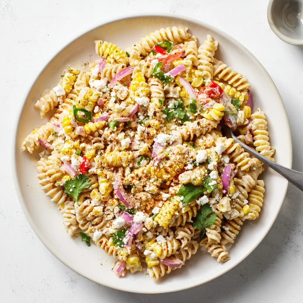 Bright, creamy Mexican Street Corn Pasta Salad with lime, chili, and cilantro tossed with tender pasta.