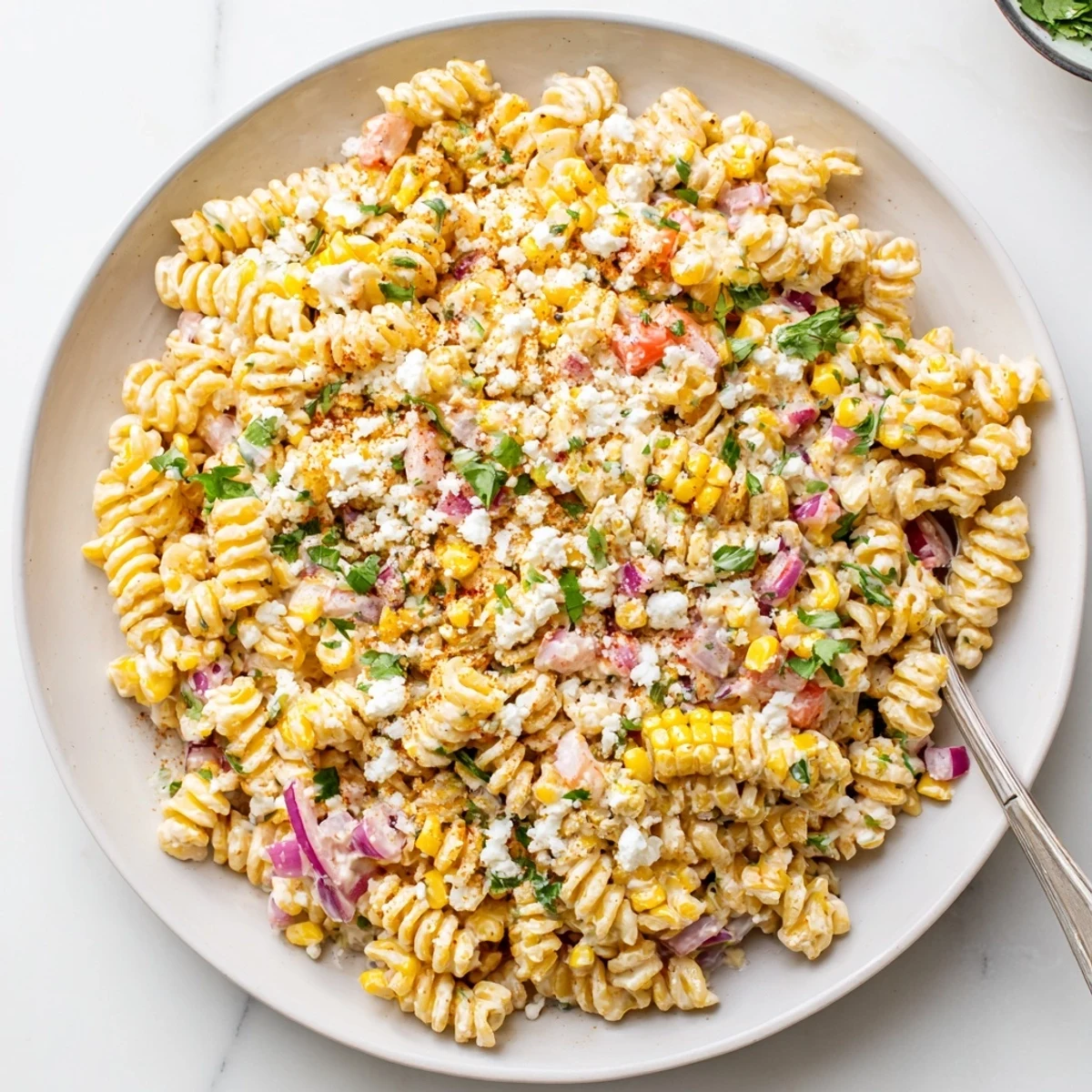 A chilled Mexican Street Corn Pasta Salad served in a bowl, topped with extra cotija and fresh cilantro.