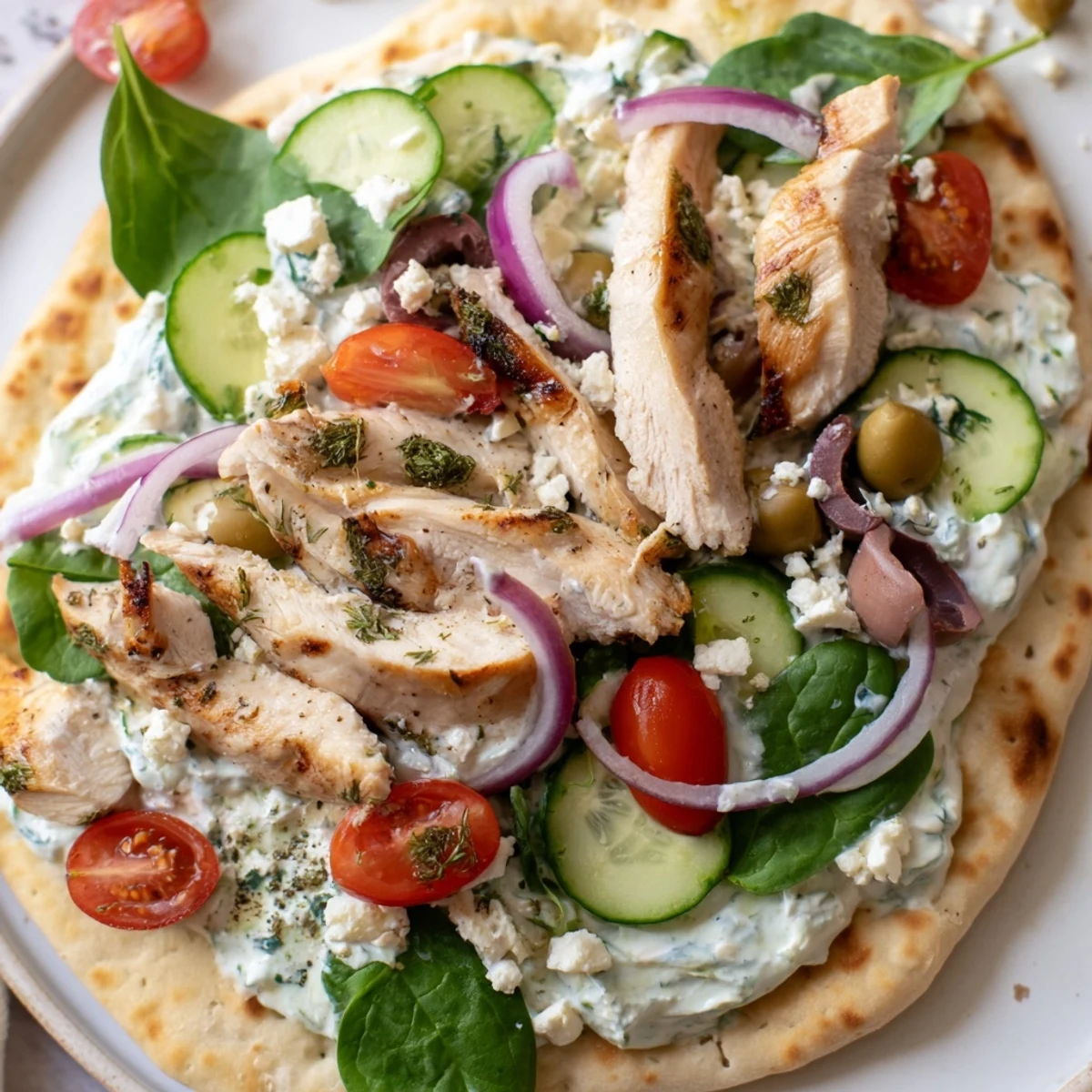A close-up of Greek Chicken Flatbread topped with marinated chicken, fresh veggies, and creamy tzatziki on a rustic table.