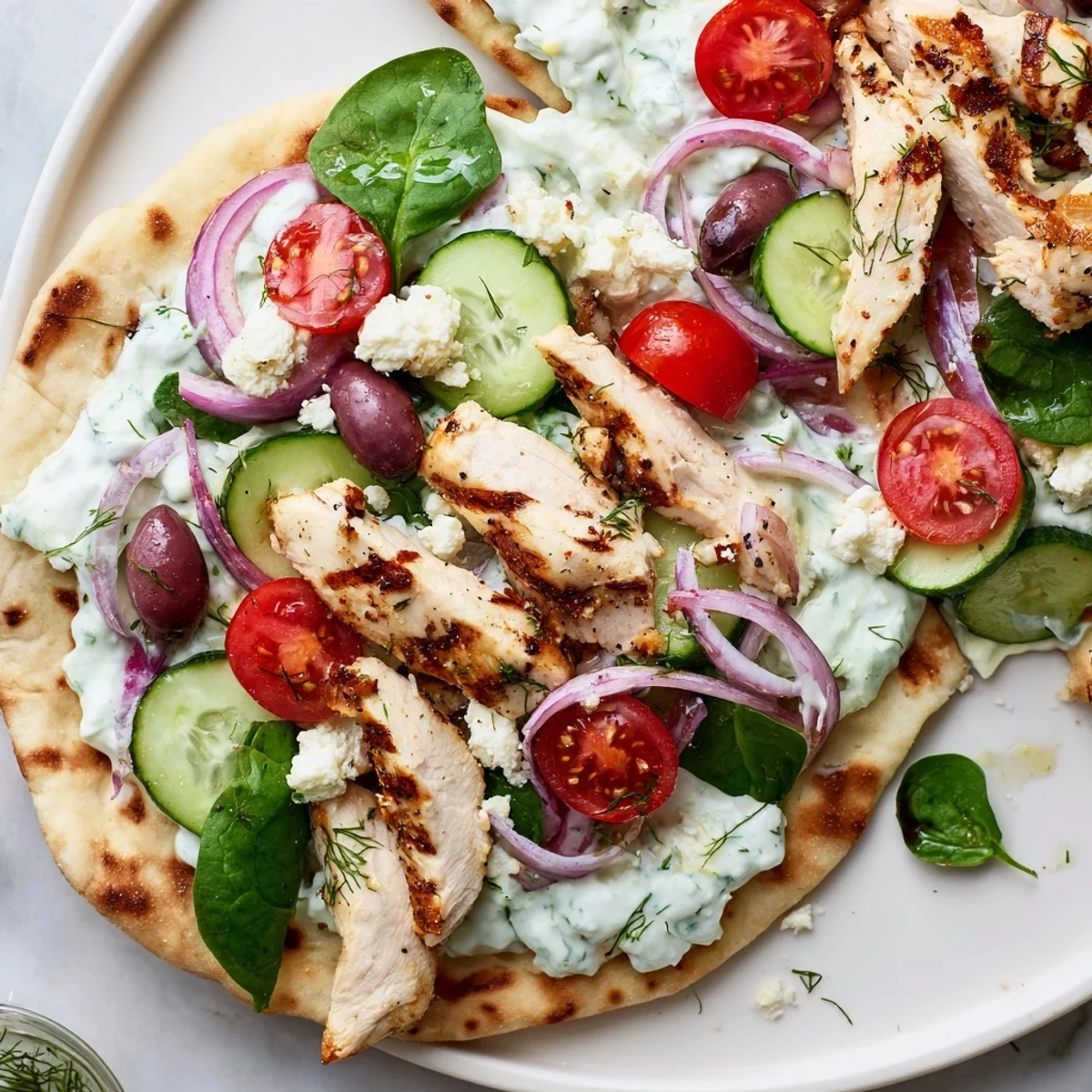 Overhead view of Greek Chicken Flatbread with sliced chicken, cherry tomatoes, cucumber, and feta arranged for a light lunch.