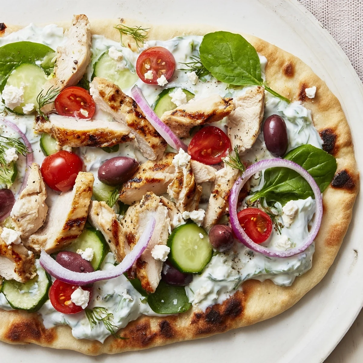 Warm Greek Chicken Flatbread served with extra tzatziki and Kalamata olives on a plate, perfect for easy weeknight dinners.