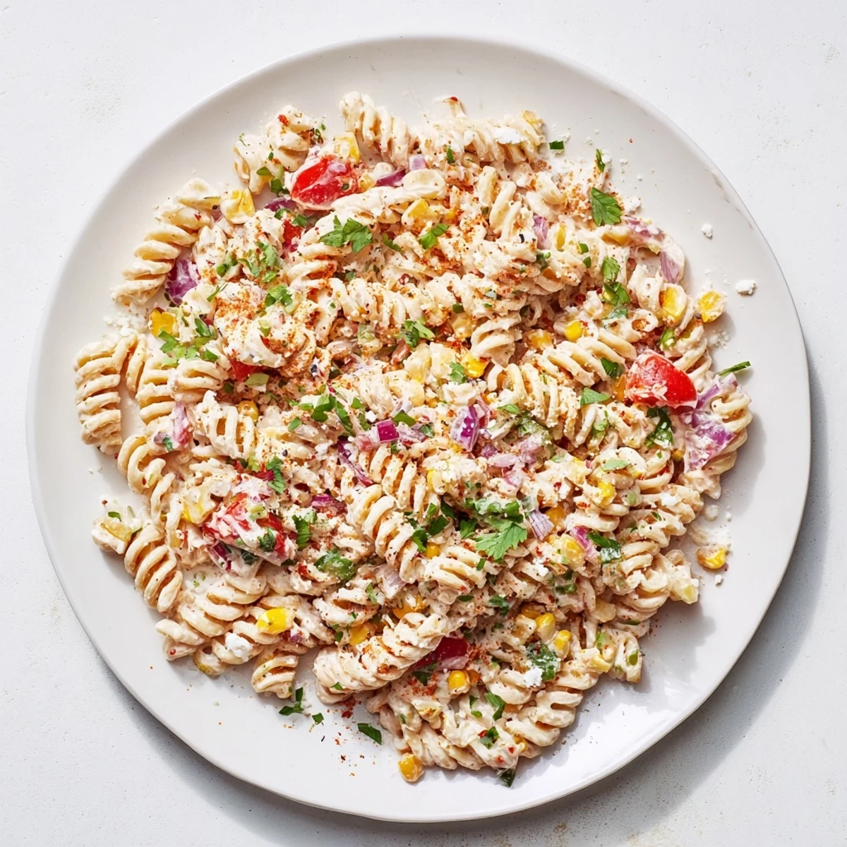 Juicy Street Corn Pasta Salad served chilled in a white bowl with charred corn and creamy dressing.