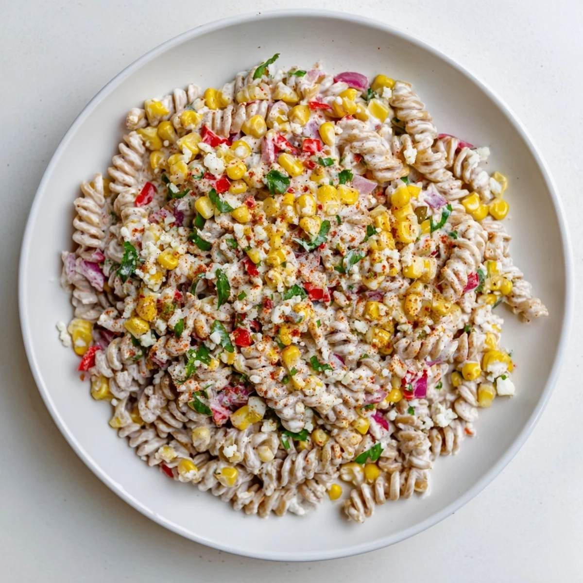 Bright Juicy Street Corn Pasta Salad tossed with lime, cilantro, and crumbled cotija cheese.