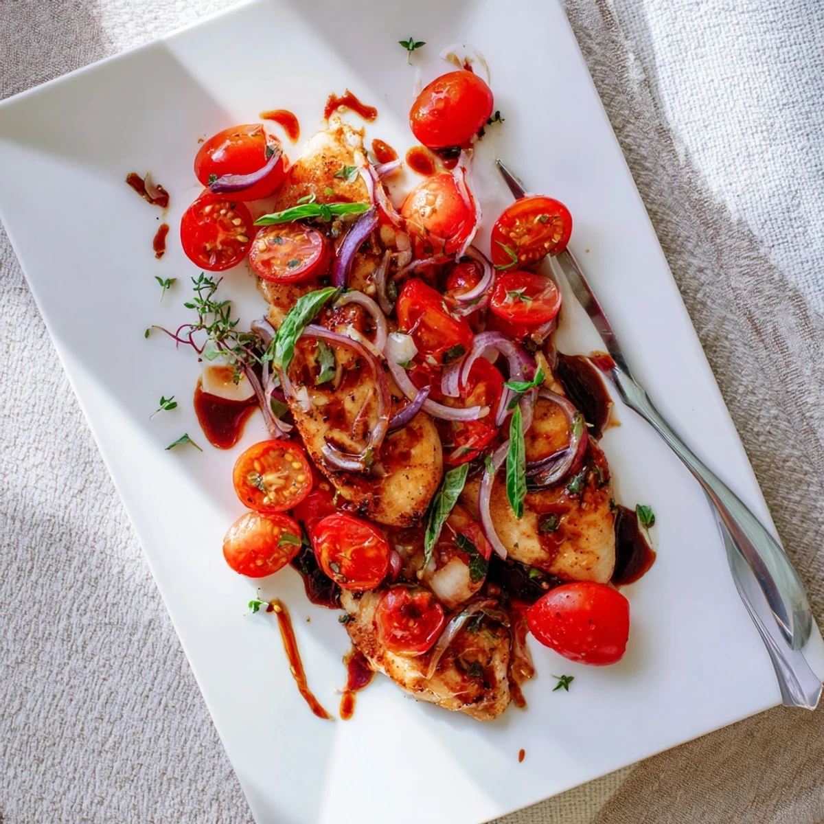 Golden brown One Pan Juicy Chicken With Balsamic Sauce simmering with cherry tomatoes and fresh herbs in a skillet.