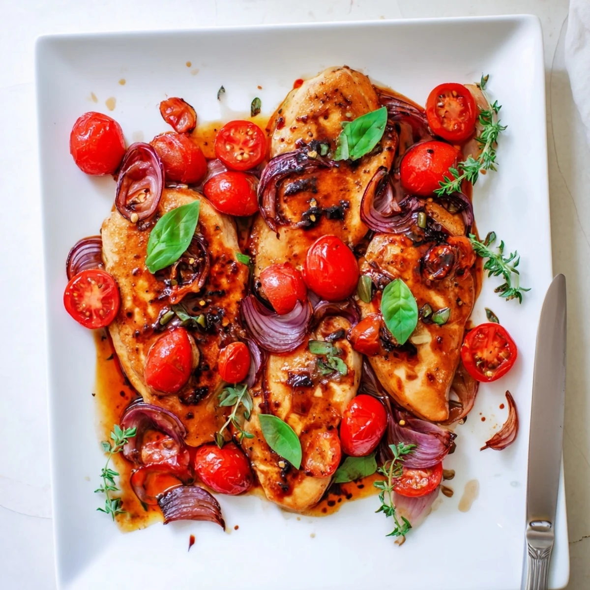 Juicy chicken breasts in a rich balsamic glaze with garlic and onions, ready for an easy weeknight dinner.
