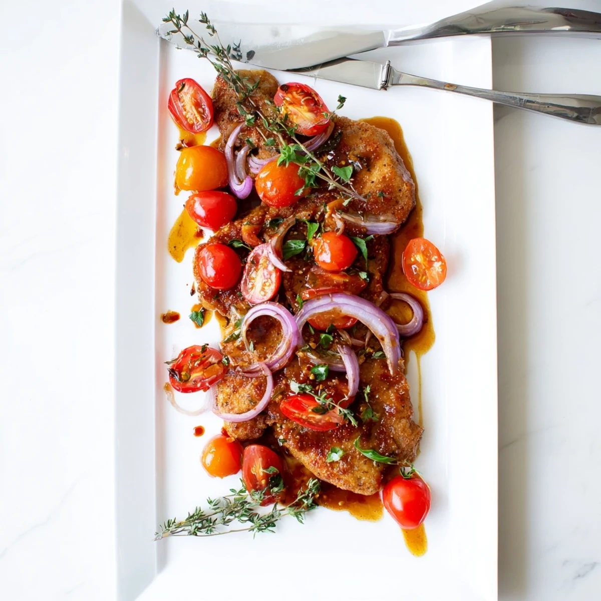 One Pan Juicy Chicken With Balsamic Sauce served over creamy mashed potatoes, garnished with fresh basil leaves.