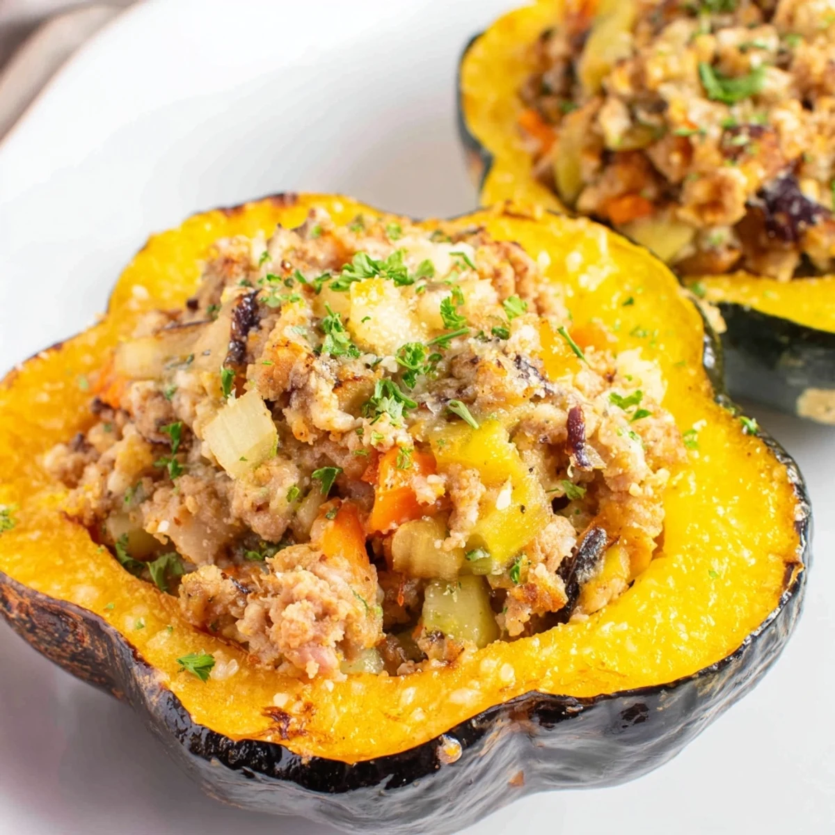 A close-up view of Turkey Stuffed Acorn Squash with tender squash, ground turkey, and spinach on a rustic plate.
