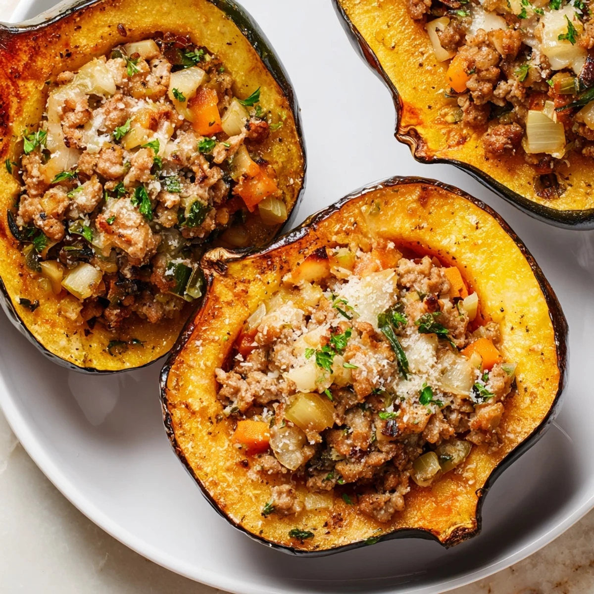 Golden-brown roasted acorn squash halves filled with savory turkey stuffing, topped with melted Parmesan and fresh parsley.