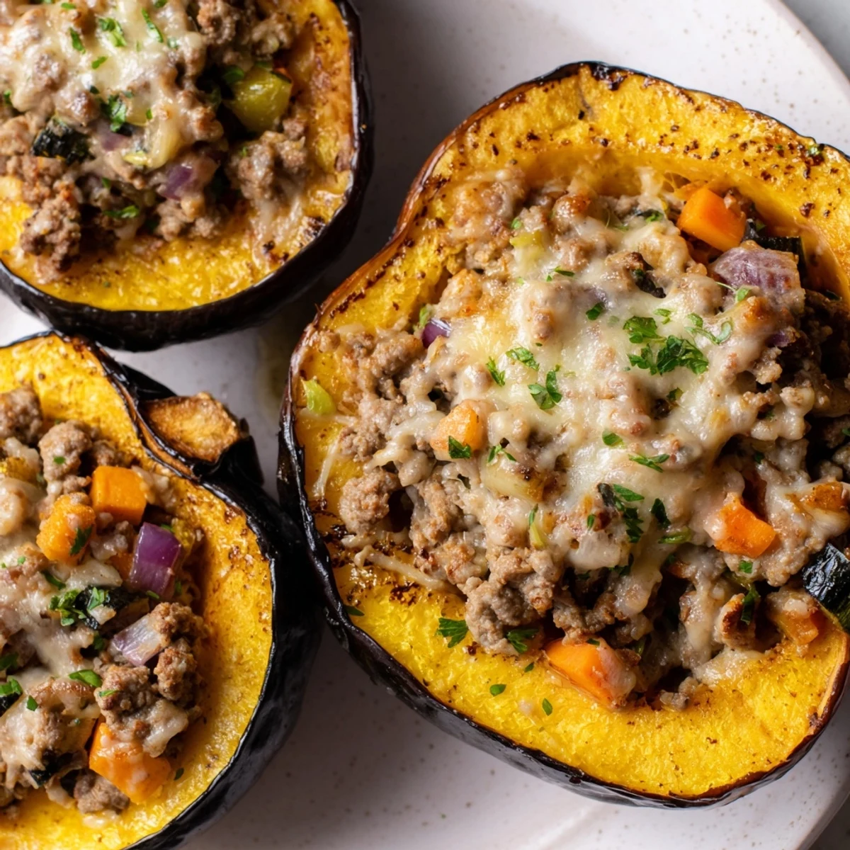 Fork-ready autumn meal: Turkey Stuffed Acorn Squash with herbs, apple, and vegetables, served warm with a side salad.