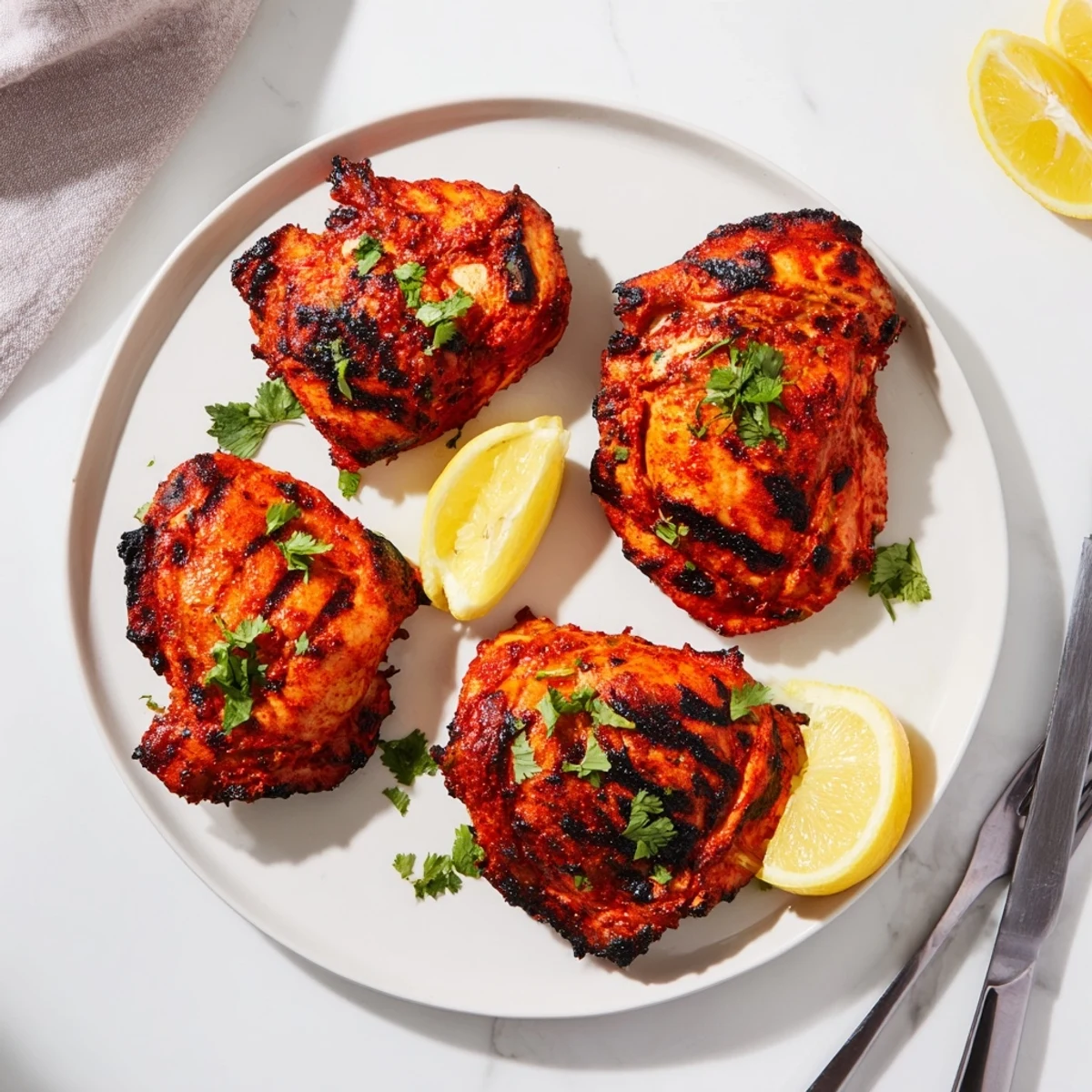 Grilled Tandoori Chicken thighs displayed with char marks, fresh cilantro, and lemon wedges on a rustic platter.