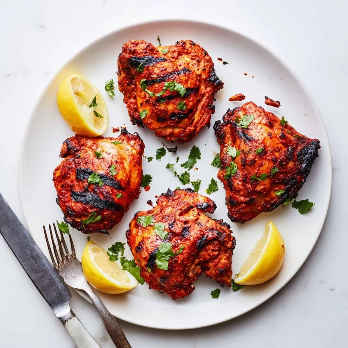 Sizzling Grilled Tandoori Chicken fresh off the grill, featuring smoky edges and vibrant spices on a plate.