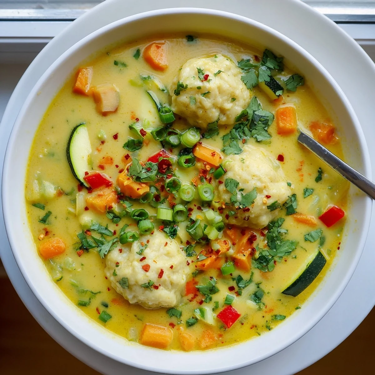 Creamy coconut curry soup with fluffy homemade dumplings floating in golden spiced broth