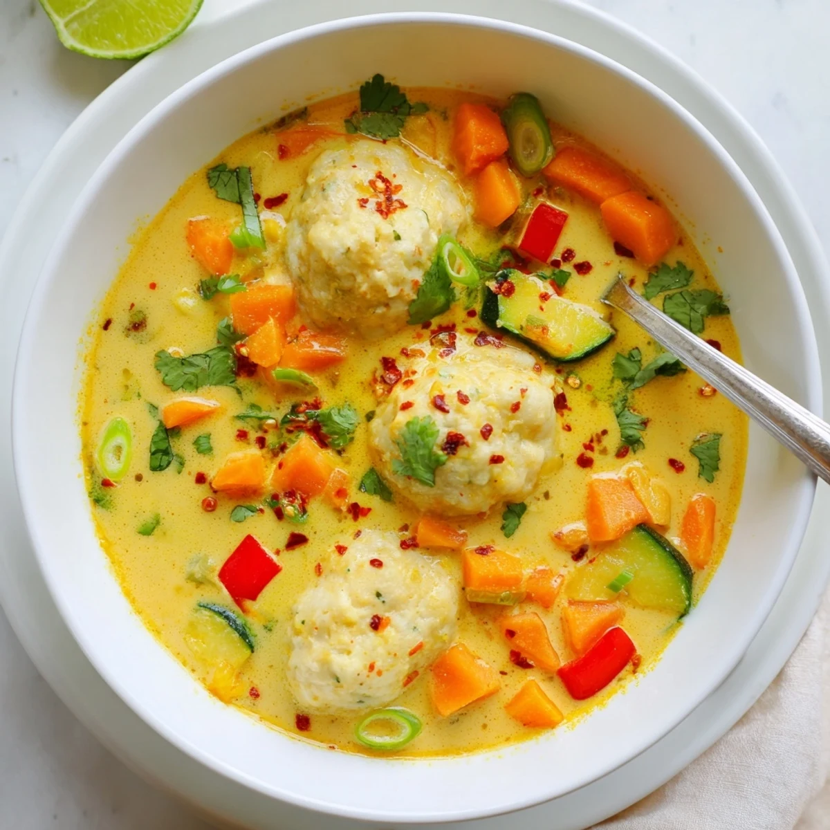 Steaming bowl of simple coconut curry soup with dumplings garnished with fresh cilantro