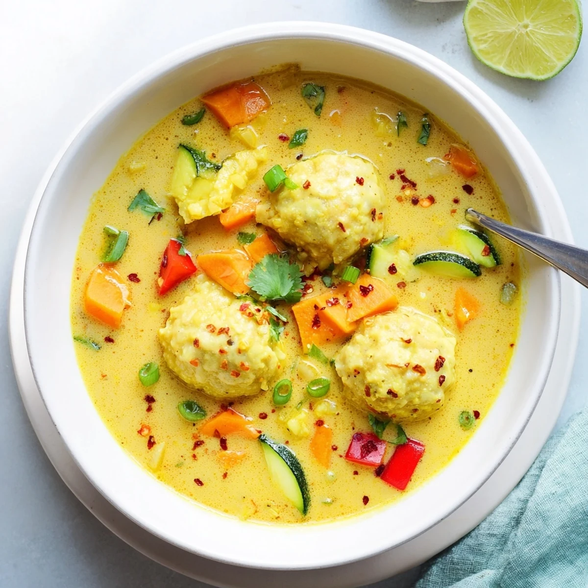 Tender dumplings simmering in aromatic simple coconut curry soup with colorful vegetables