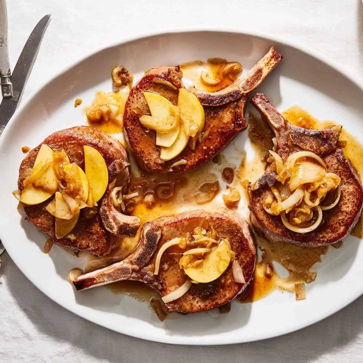 Golden seared pork chops resting in rich apple butter sauce with tender caramelized apple slices