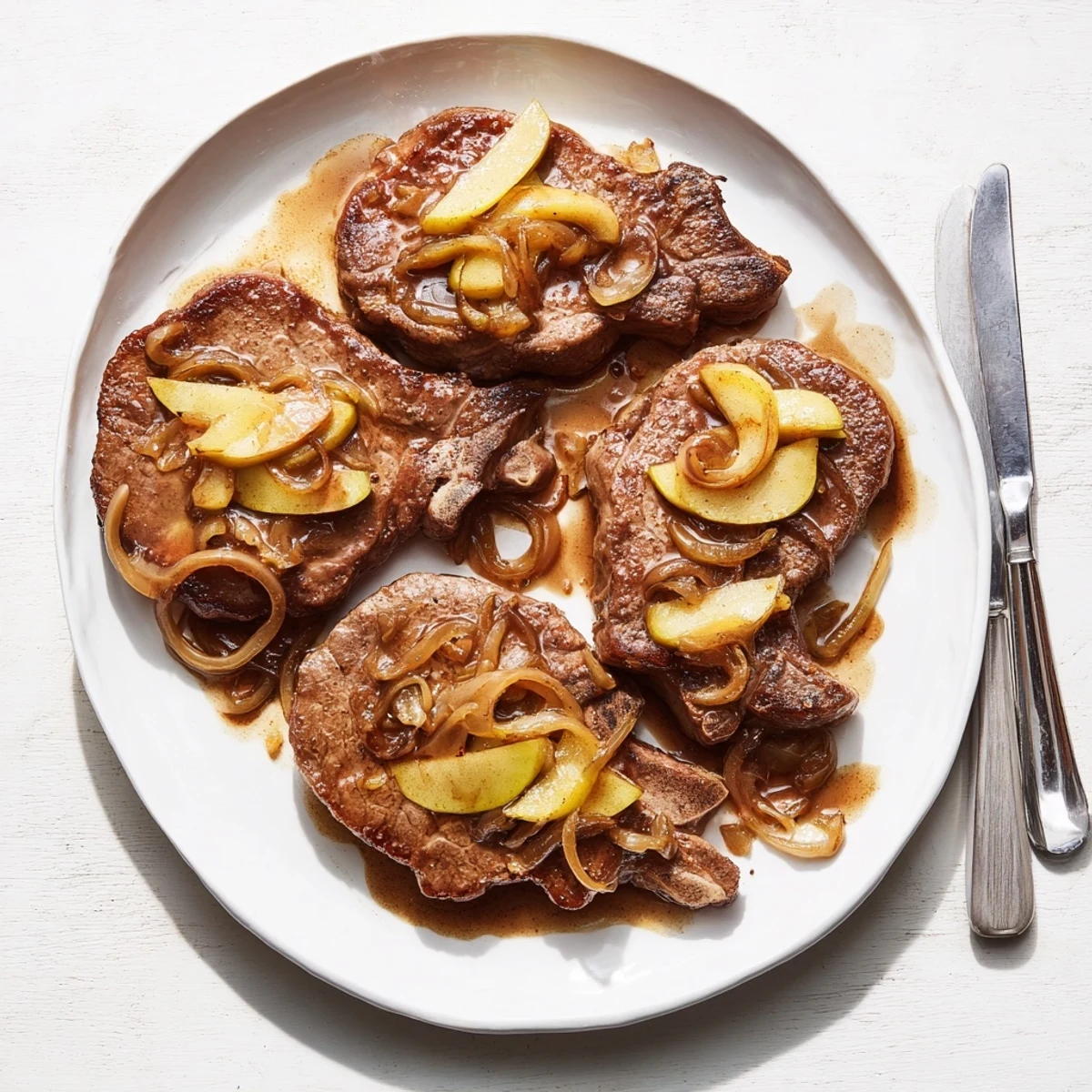 Juicy tender apple butter pork chops served on white plate topped with spiced onion apple garnish