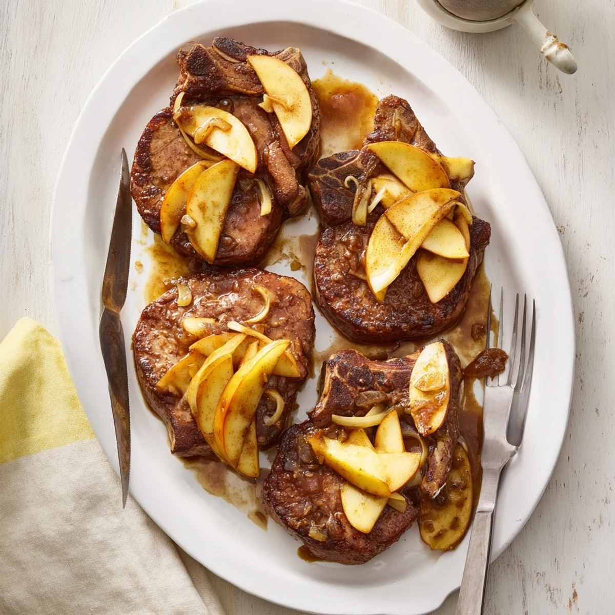 Savory pork chops smothered in sweet cinnamon apple butter sauce with soft cooked apples
