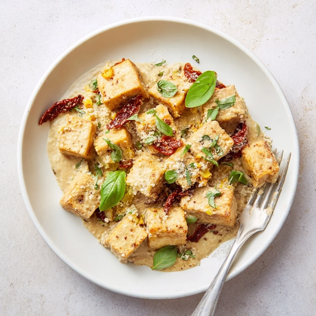 Golden crispy tofu cubes coated in rich sun-dried tomato garlic cream sauce with fresh basil garnish