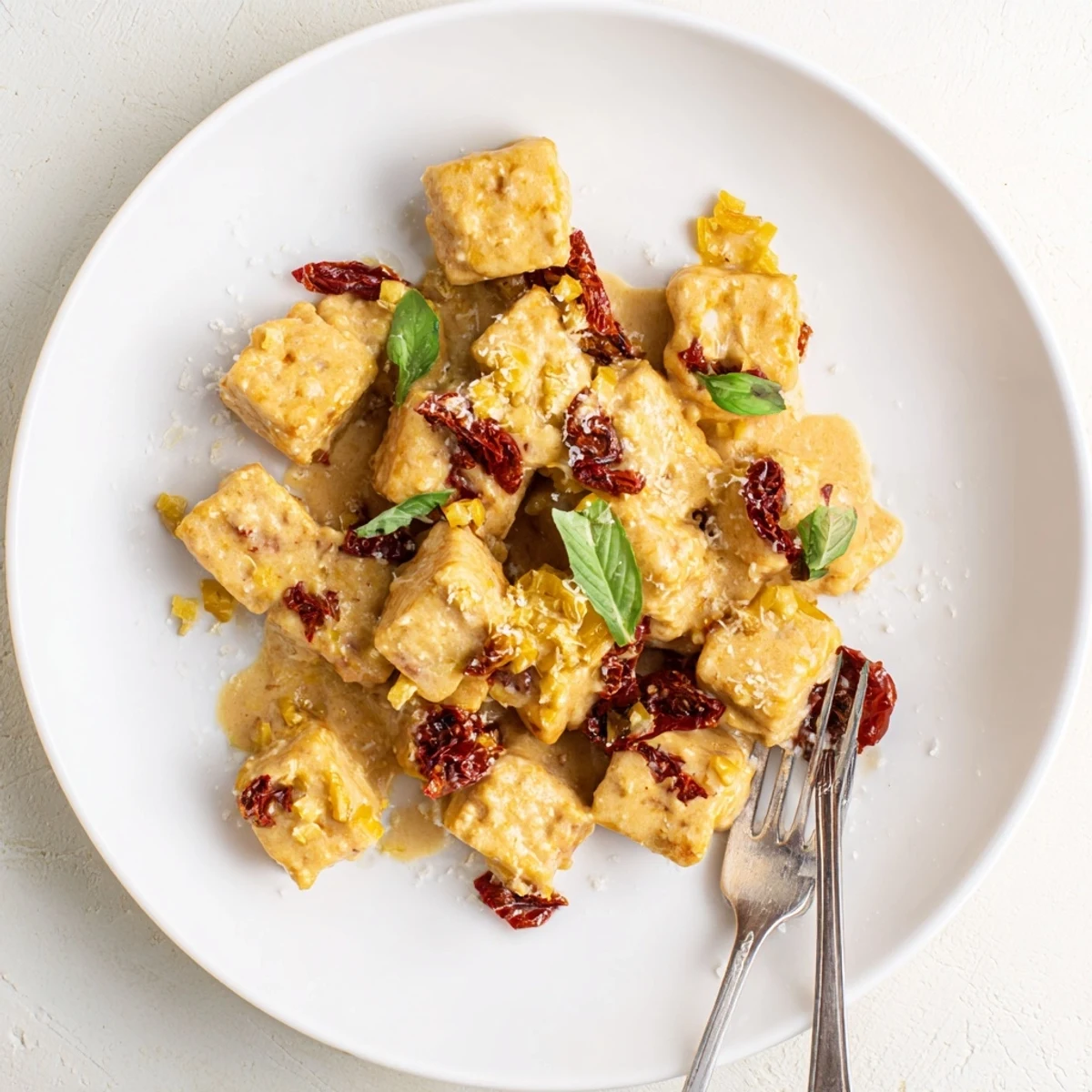 Creamy Marry Me Tofu simmered in savory sun-dried tomato sauce served over pasta with parmesan