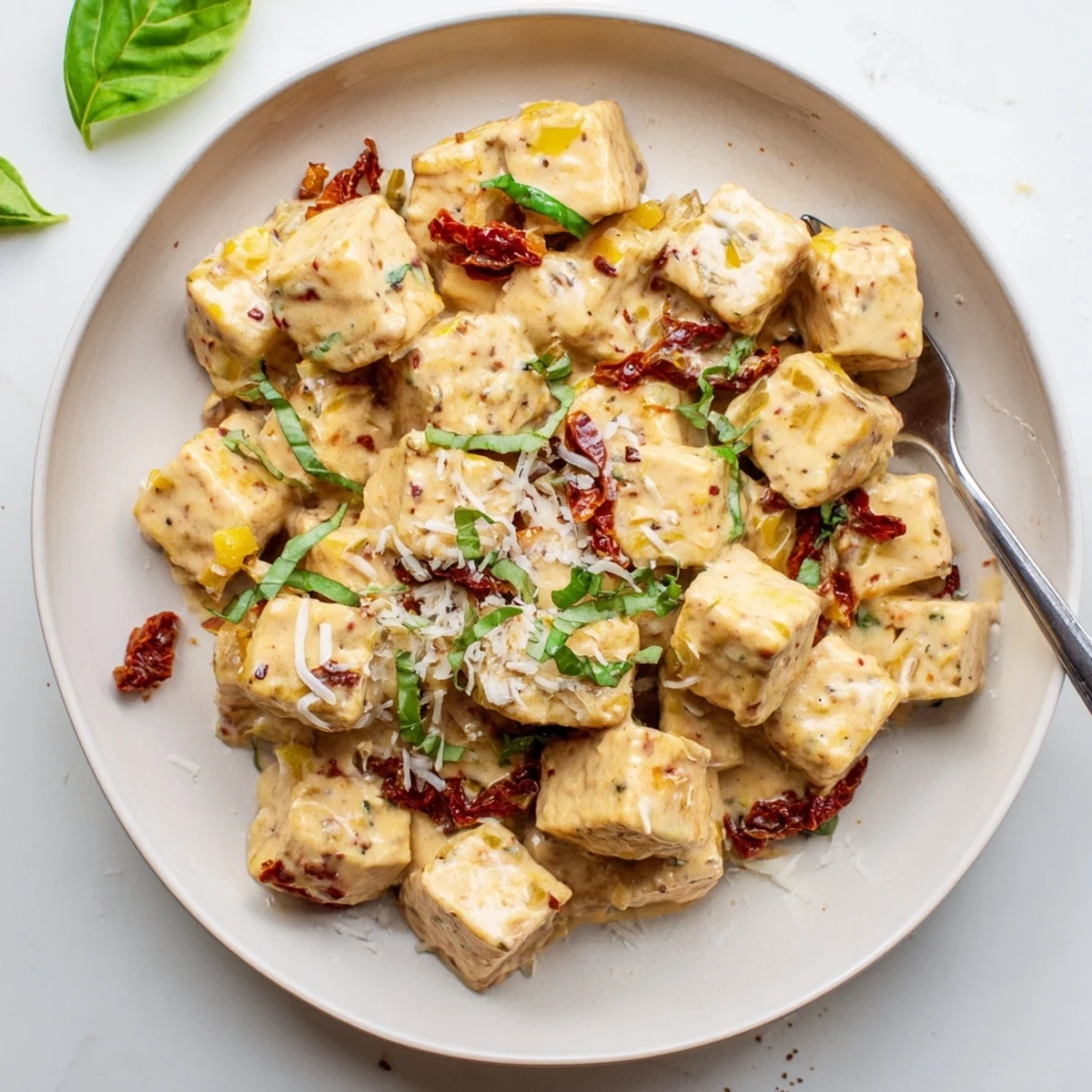 Crispy pan-fried tofu swimming in luscious garlic cream sauce with sun-dried tomatoes and basil sprinkles