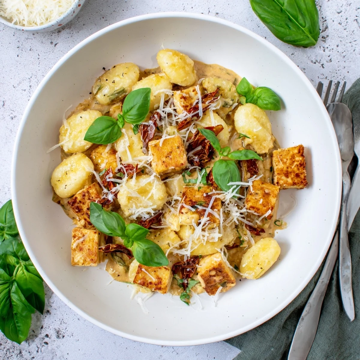 Golden crispy tofu cubes nestled with pillowy potato gnocchi in a creamy sun-dried tomato sauce