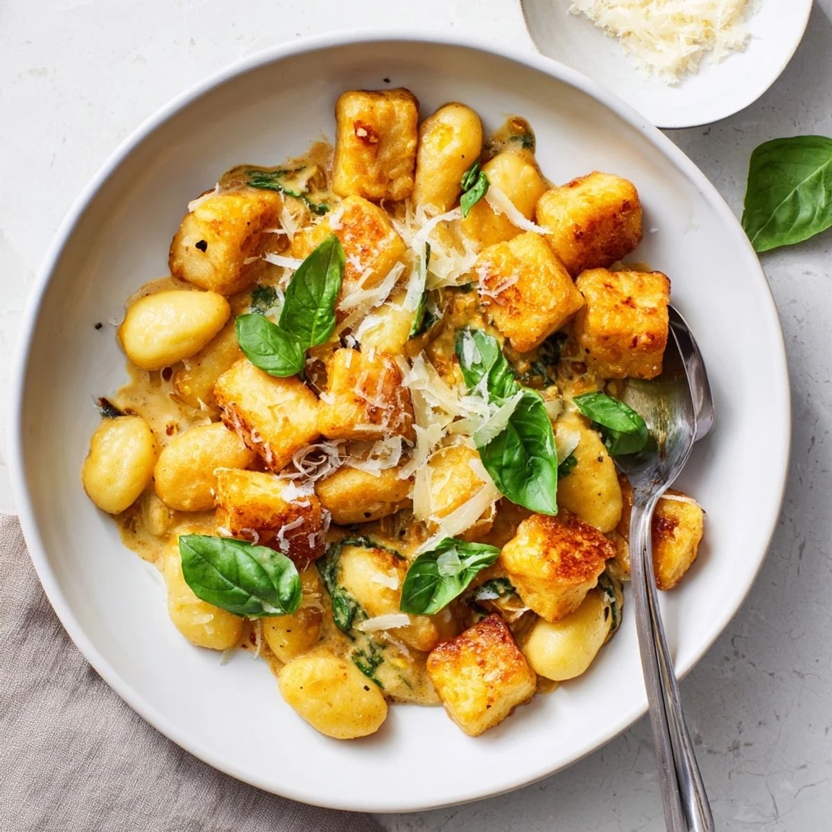 Restaurant-quality Marry Me crispy tofu with gnocchi plated in a rich, velvety red cream sauce