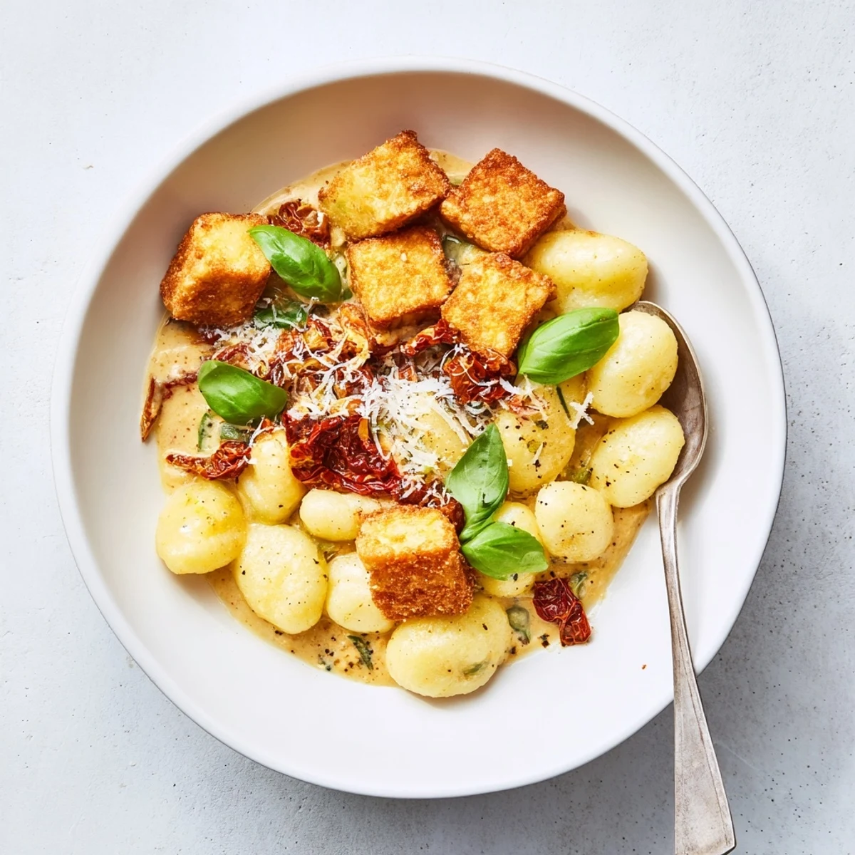 Vibrant vegetarian bowl featuring crispy fried tofu and tender gnocchi coated in savory tomato cream sauce