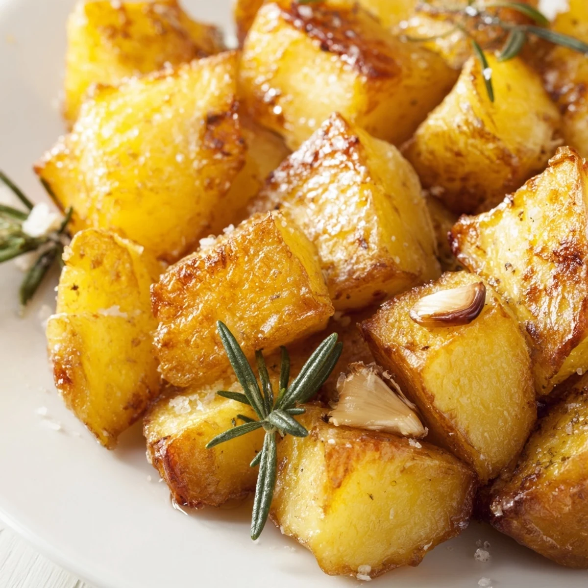 Oven roasted homemade roast potatoes arranged on a serving platter with fresh rosemary sprigs