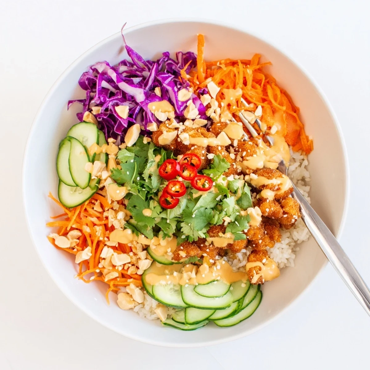 Colorful crispy rice salad with peanut sesame dressing featuring shredded vegetables and crunchy toppings