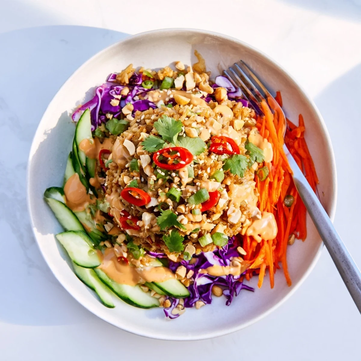 Vibrant bowl of crispy rice salad topped with peanuts and sesame seeds in peanut dressing
