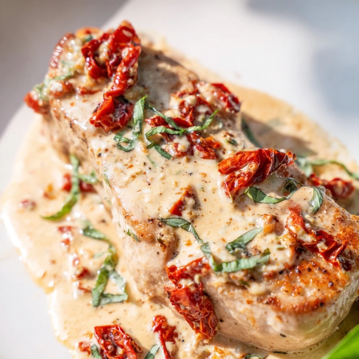 Savory Marry Me pork chops plated in velvety garlic cream sauce with Italian herbs and red pepper flakes
