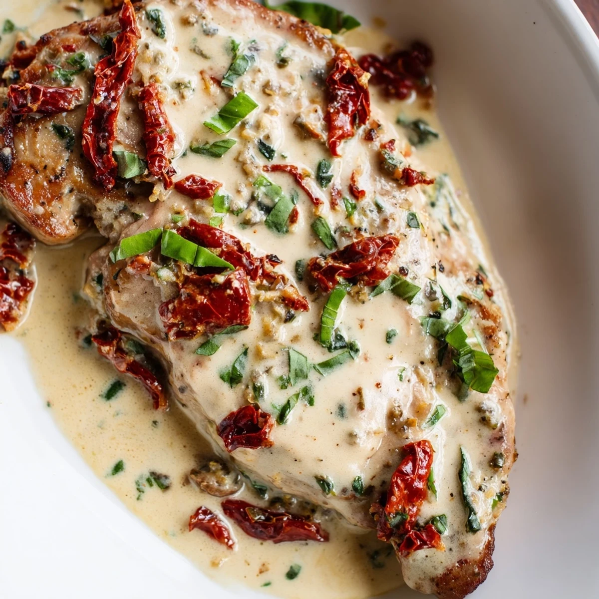 Tender boneless pork chops simmered in rich white sauce with chopped sun-dried tomatoes and melted parmesan cheese