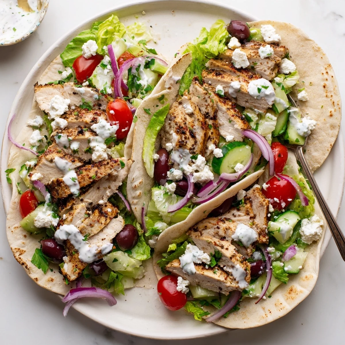 Zesty yogurt sauce drizzled over Quick Mediterranean Chicken Tacos with crisp cucumber and juicy cherry tomatoes