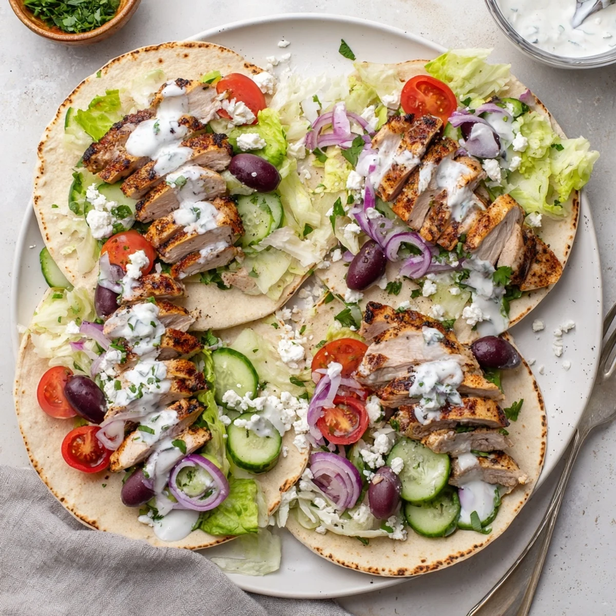 Golden grilled Quick Mediterranean Chicken Tacos topped with fresh vegetables and crumbled feta in soft tortillas