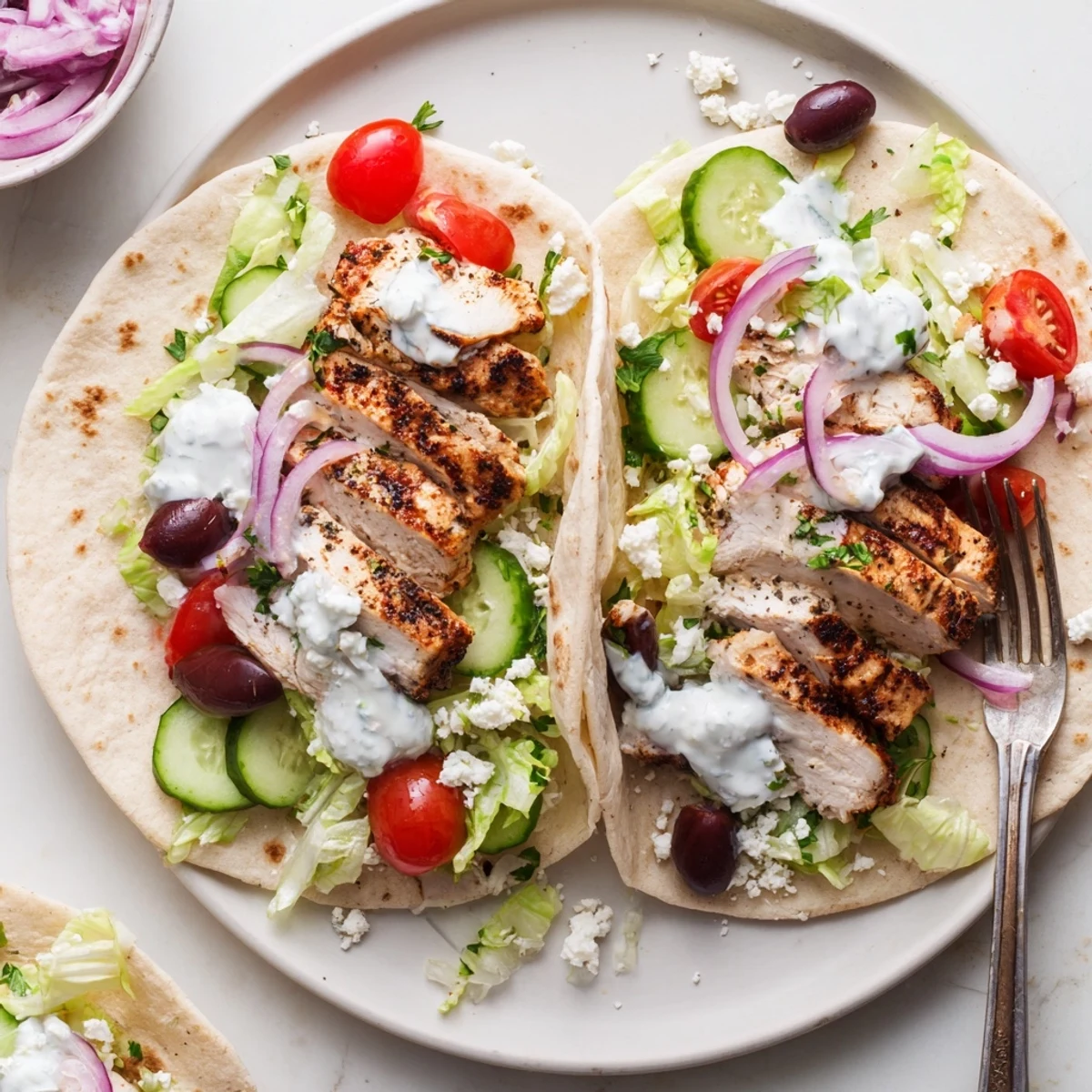 Warm flour tortillas filled with sliced spiced chicken and crisp Mediterranean toppings for these Quick Mediterranean Chicken Tacos