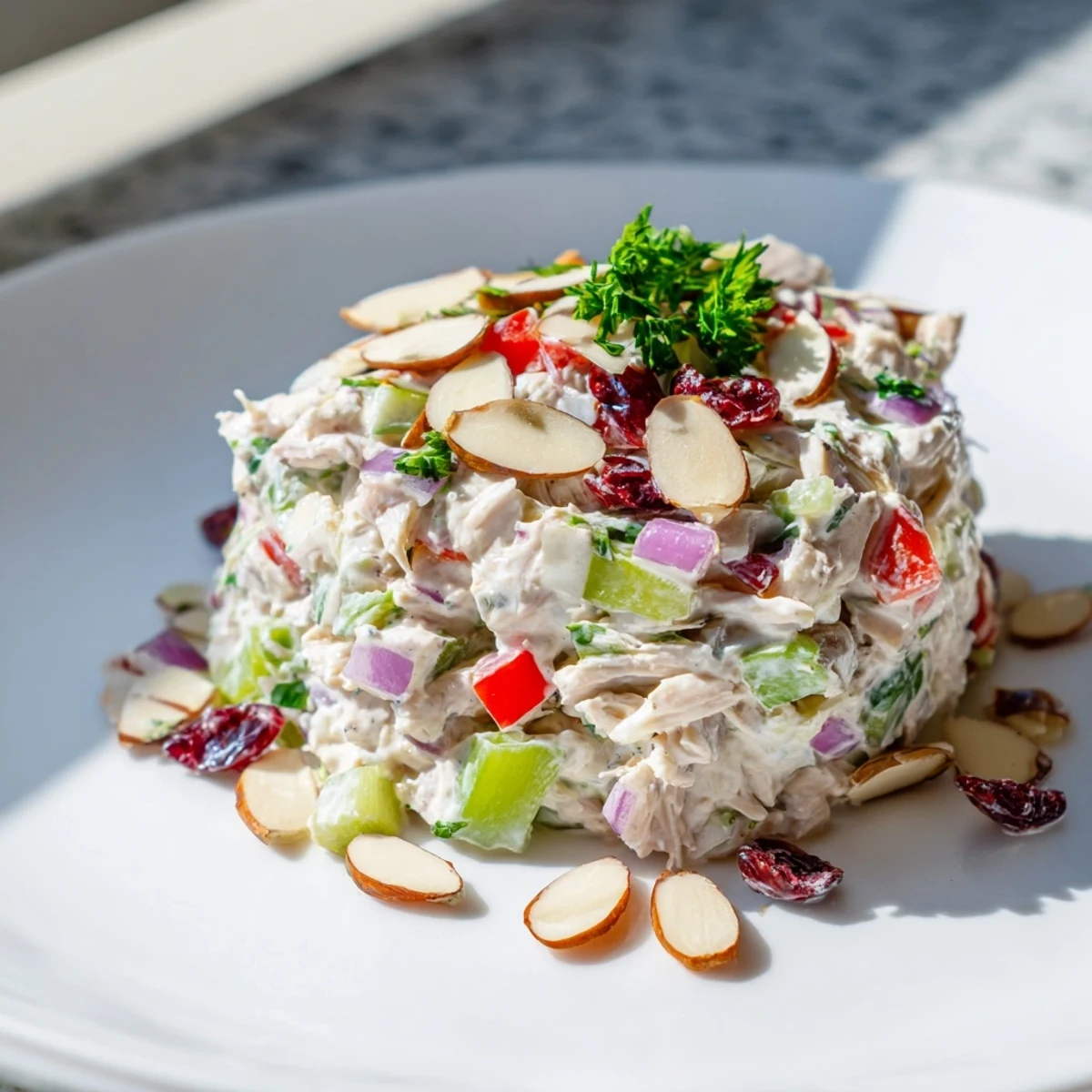 Creamy Greek yogurt rotisserie chicken salad with crisp red peppers, celery, and fresh parsley