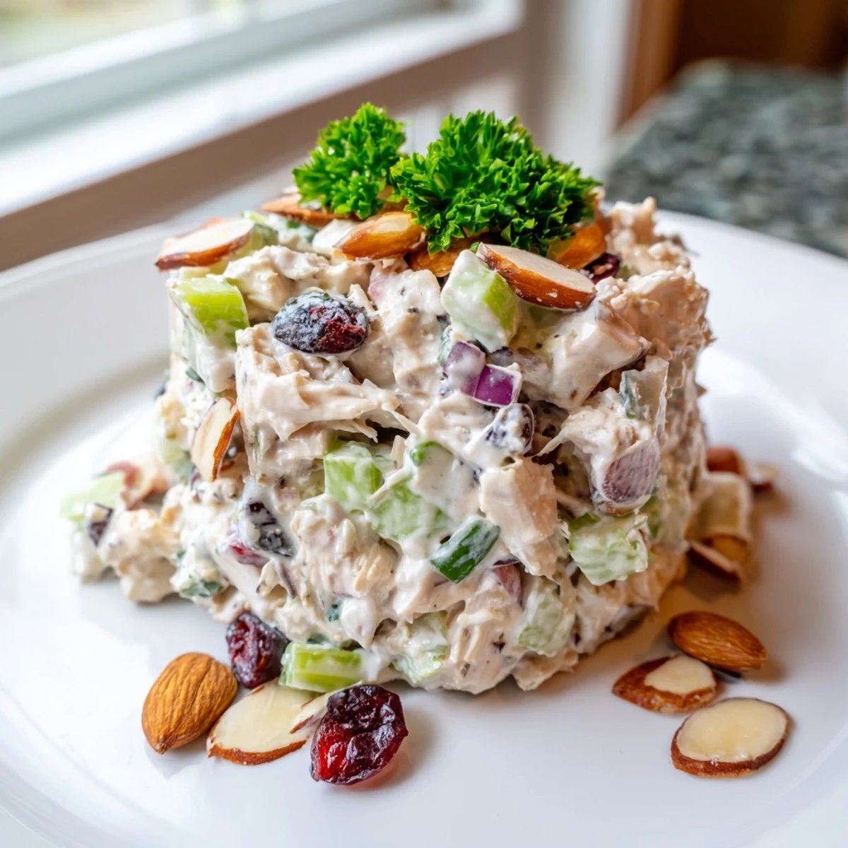 Healthy Greek yogurt rotisserie chicken salad served on bed of greens with crunchy almonds