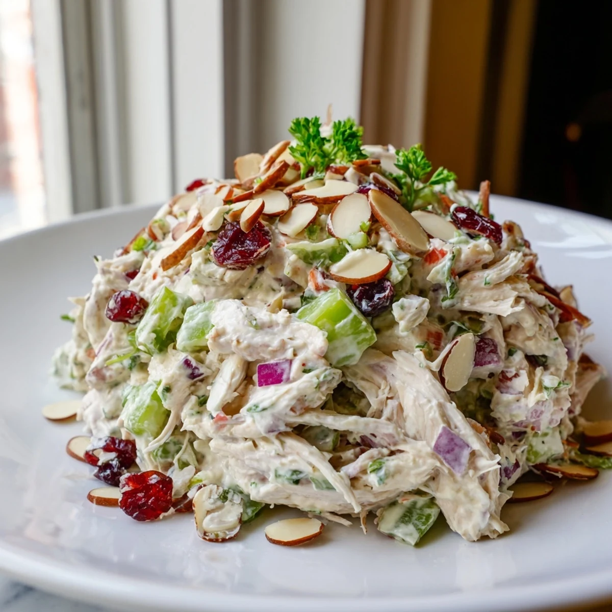 Light and protein-packed Greek yogurt rotisserie chicken salad with colorful vegetables and tangy dressing
