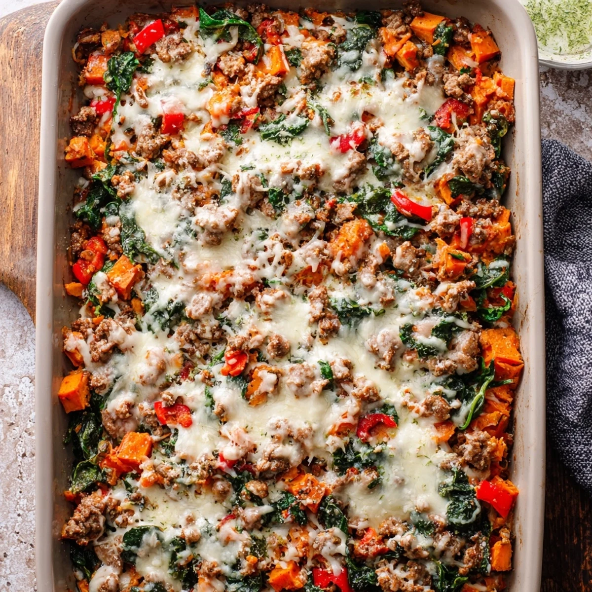 Golden brown ground turkey sweet potato bake casserole topped with melted mozzarella and Parmesan cheese