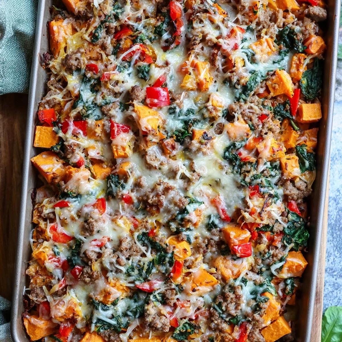 Bubbling ground turkey sweet potato bake casserole fresh from the oven with golden melted cheese topping
