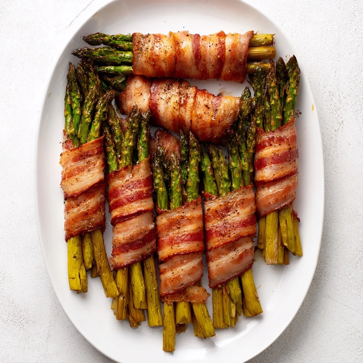 Golden brown bacon wrapped asparagus spears roasted on a white baking sheet