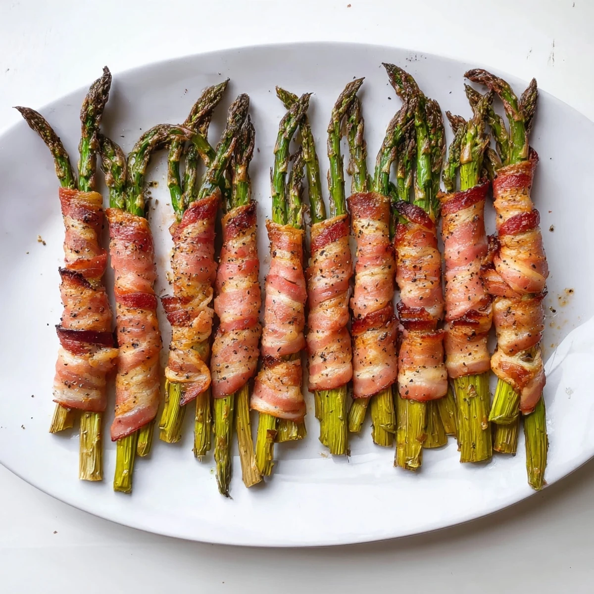 Oven roasted asparagus wrapped in savory crispy bacon garnished with black pepper