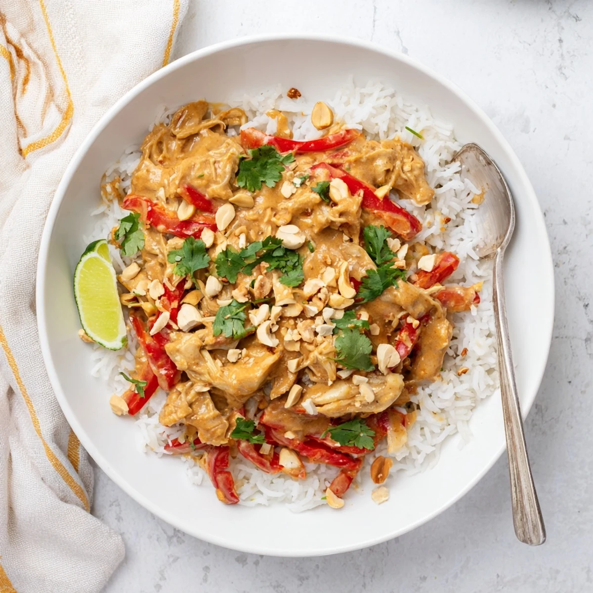 Golden slow cooker peanut chicken served over fluffy jasmine rice with chopped roasted peanuts and fresh cilantro garnish