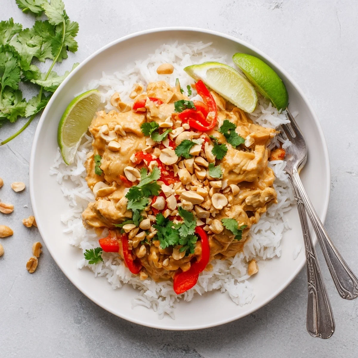 Rich and savory peanut chicken slow-cooked to perfection, garnished with crisp cilantro and roasted peanuts over steamed white rice