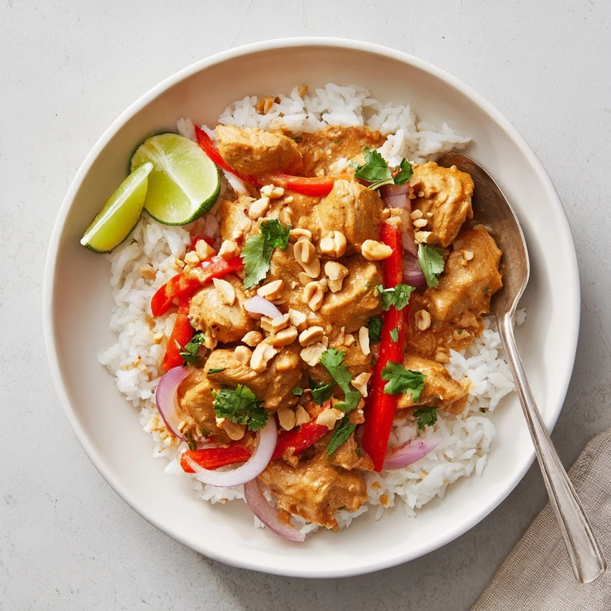 Tender shredded chicken thighs coated in creamy ginger peanut sauce alongside vibrant red bell pepper slices and lime wedges