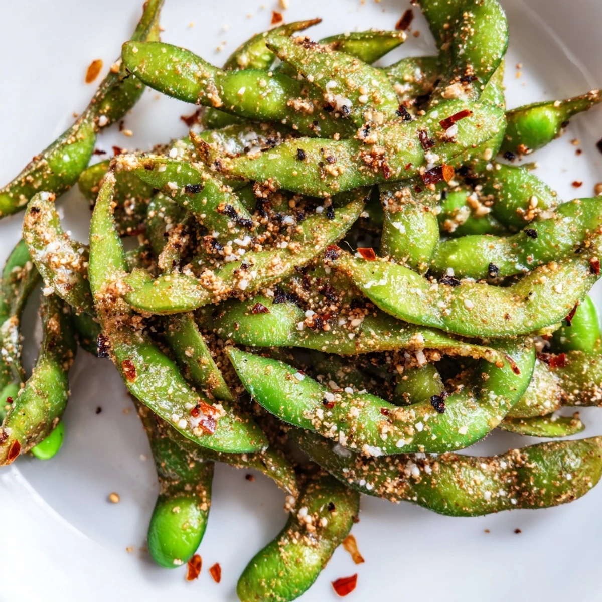 Golden air fryer edamame pods sprinkled with sea salt and sesame seeds in a rustic serving bowl