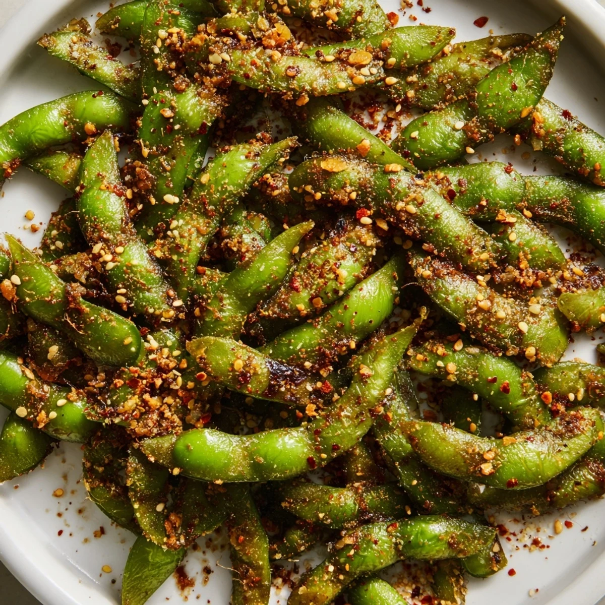 Crispy air fryer edamame tossed with garlic powder and smoked paprika served warm for healthy snacking