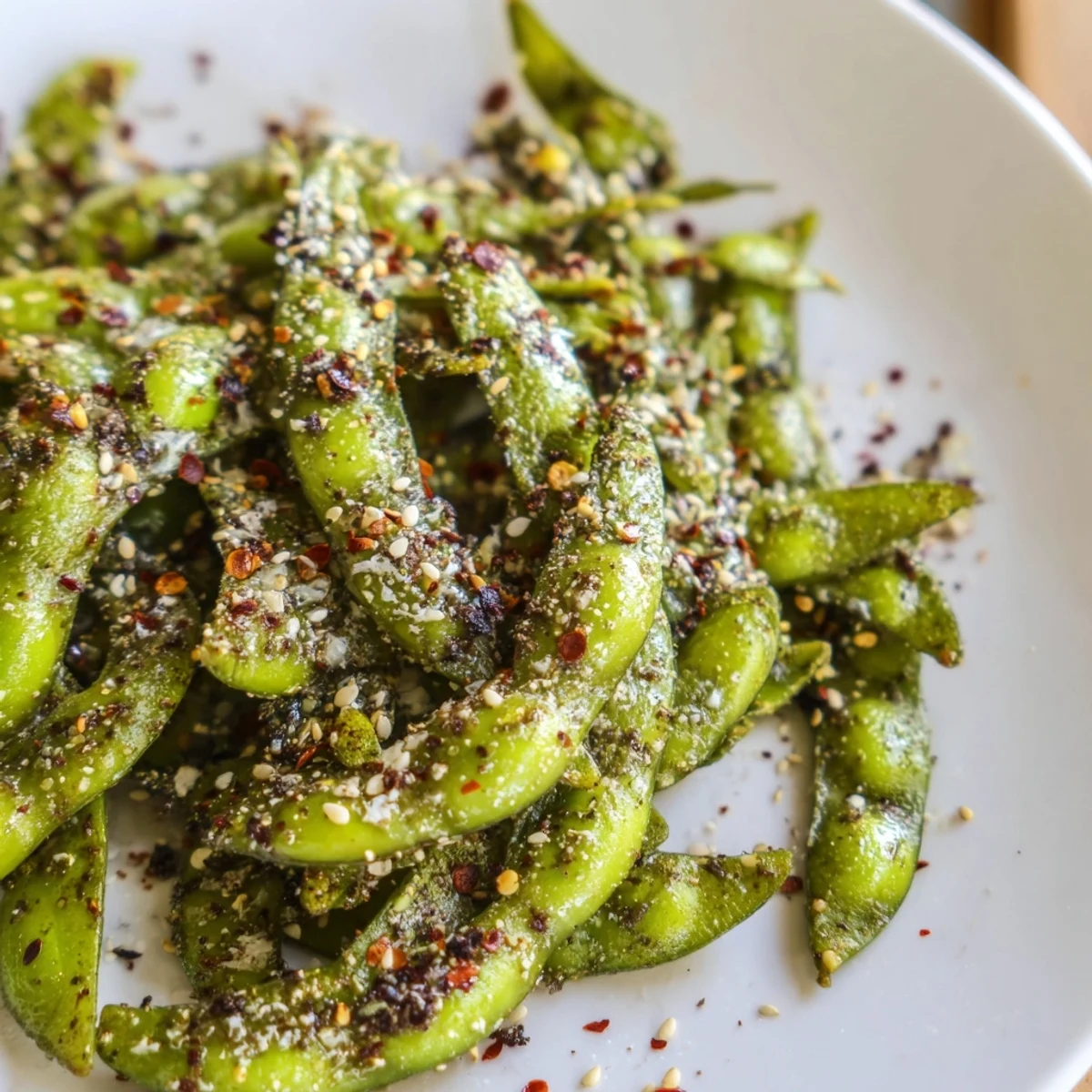 Seasoned air fryer edamame beans glistening with olive oil and garnished with chili flakes on a wooden board